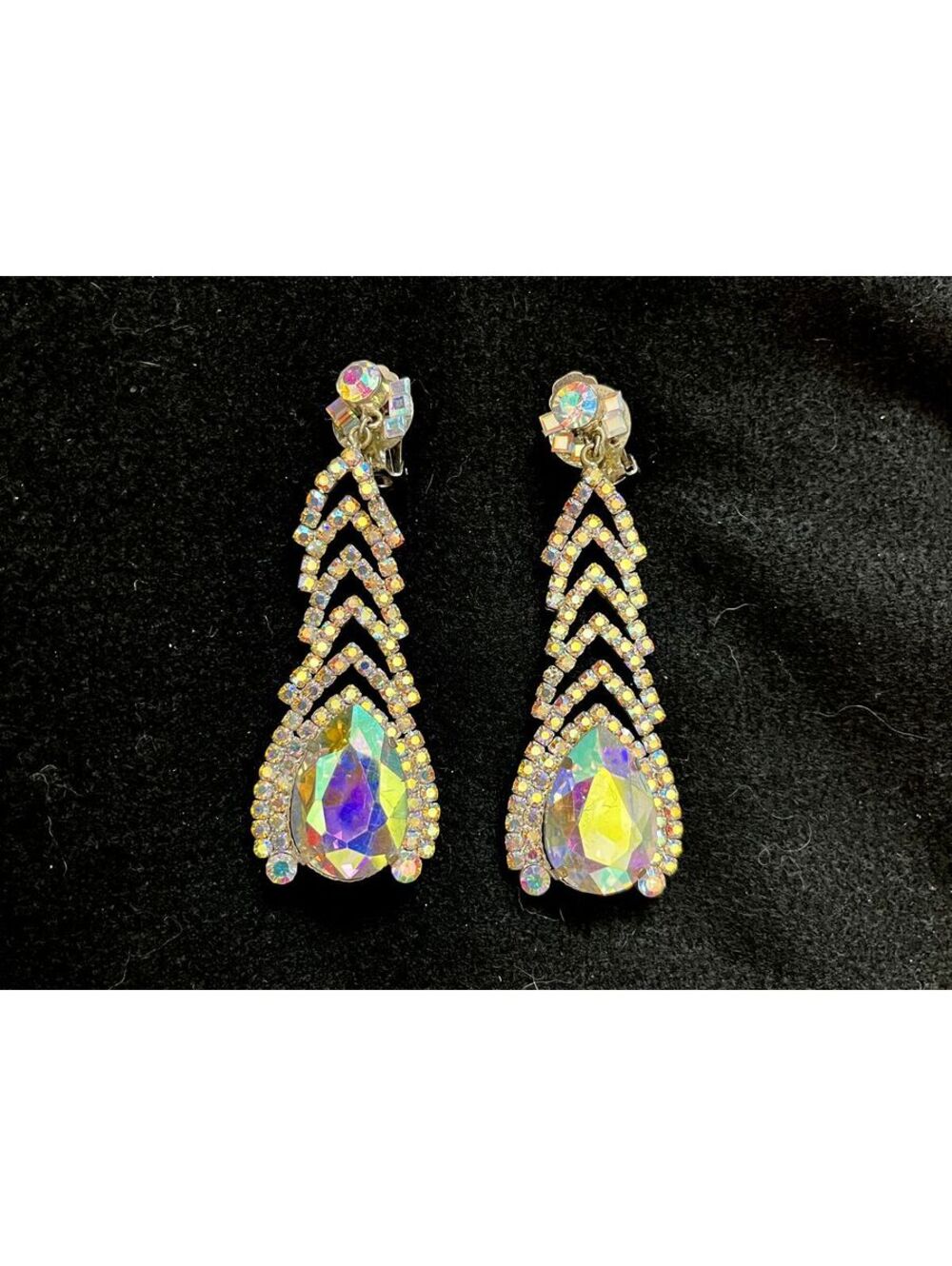 Clip-On  AB Rhinestone Dangle Earrings with Teardrop Crystals